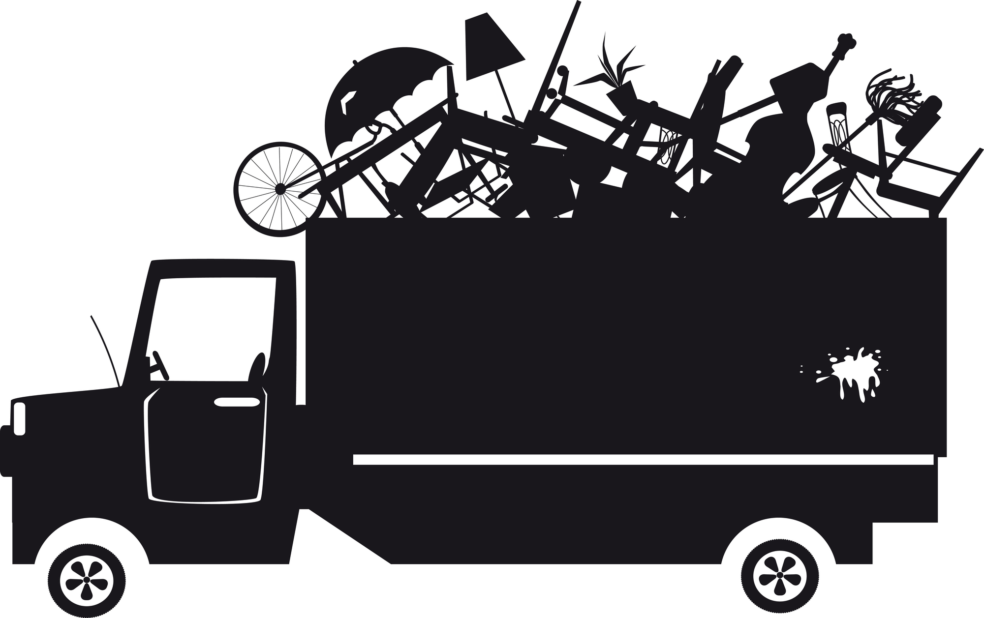 Silhouette of a moving truck filled with various household items, including chairs, a lamp, a bicycle, and plants.